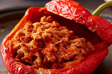 Receta de pimientos rojos rellenos de carne picada en salsa de tomate frito Receta de pimientos rojos rellenos de carne picada en salsa de tomate frito