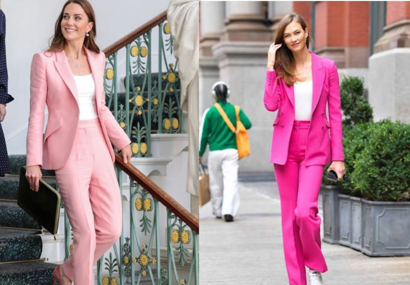 traje rosa con camiseta blanca