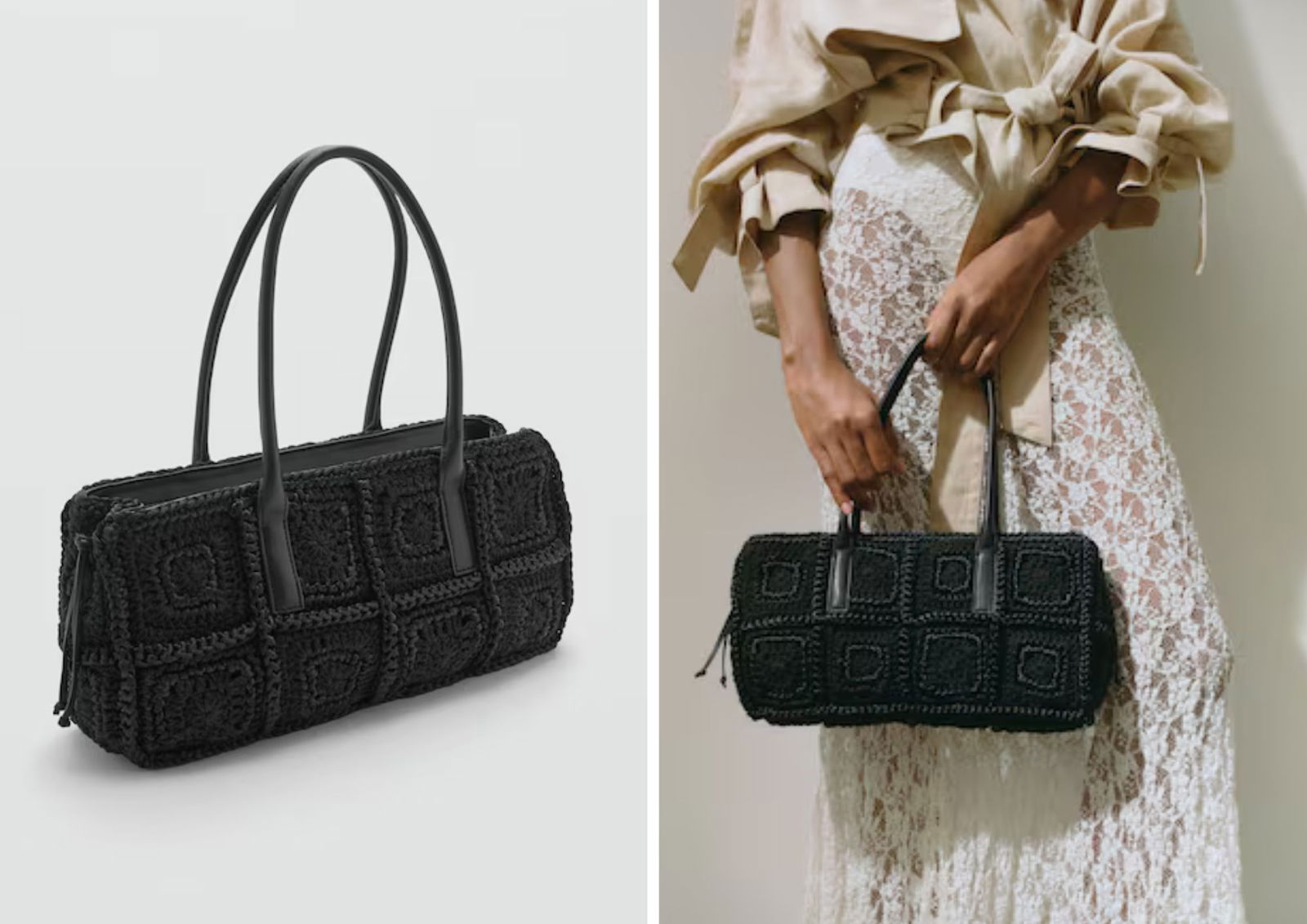Bolso negro de hombro en crochet MANGO