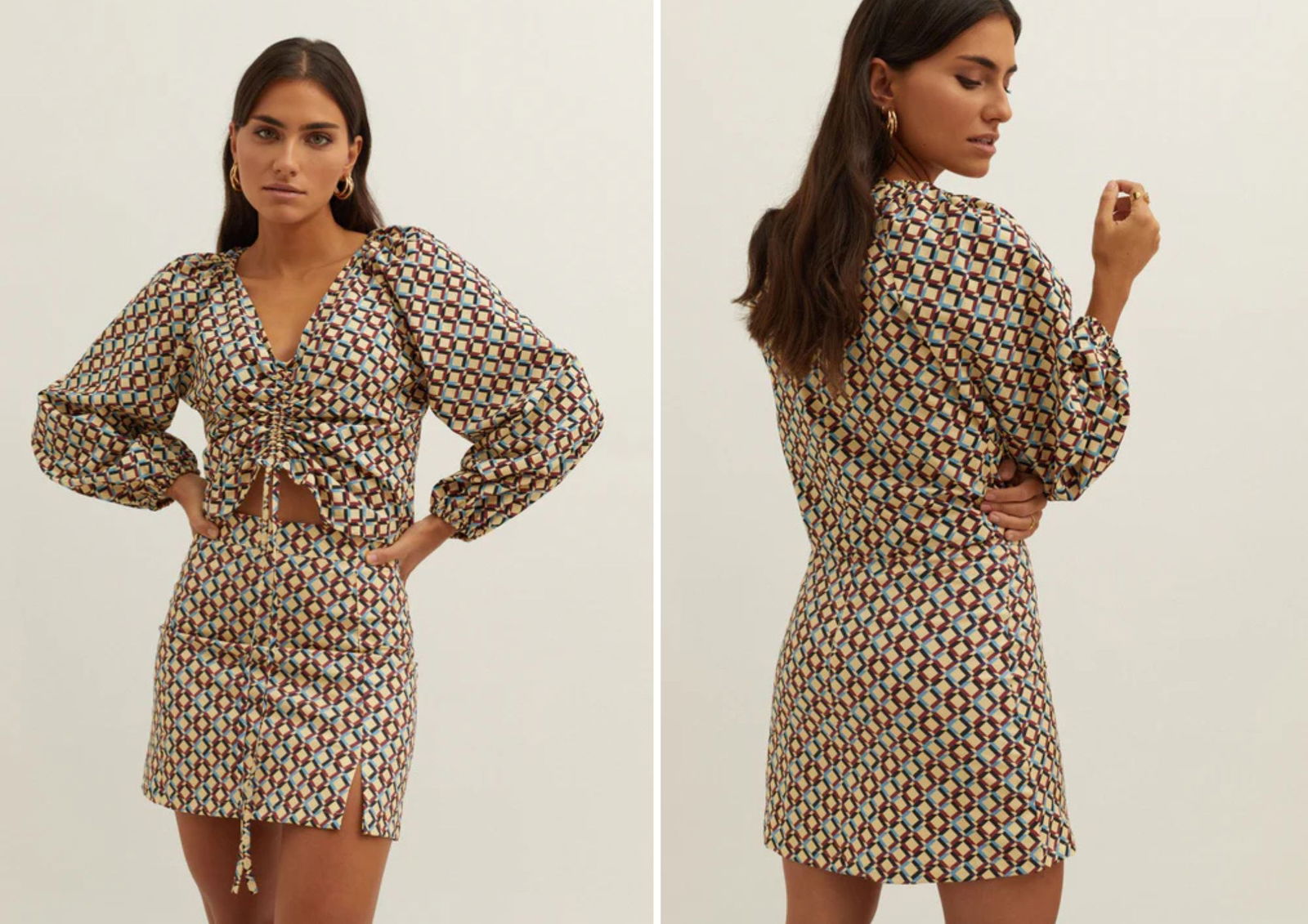 chica con minifalda estampado geométrico