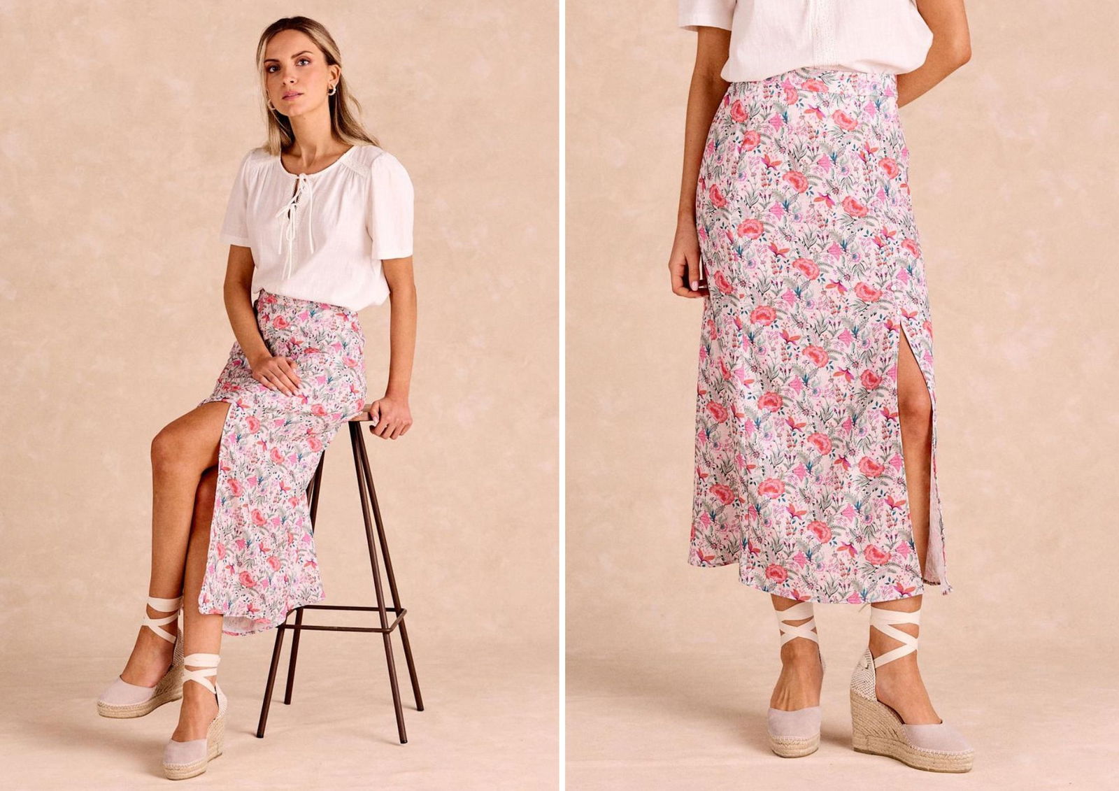 chica con falda de flores asimétrica