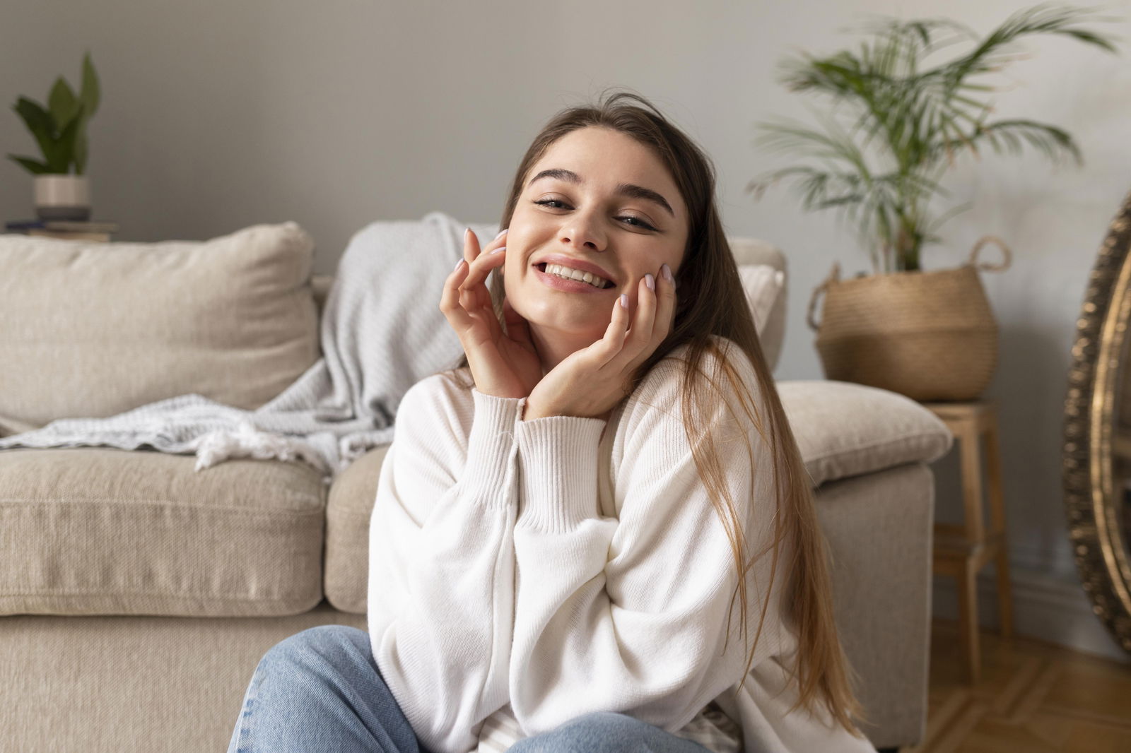 chica sonriente en salón de casa