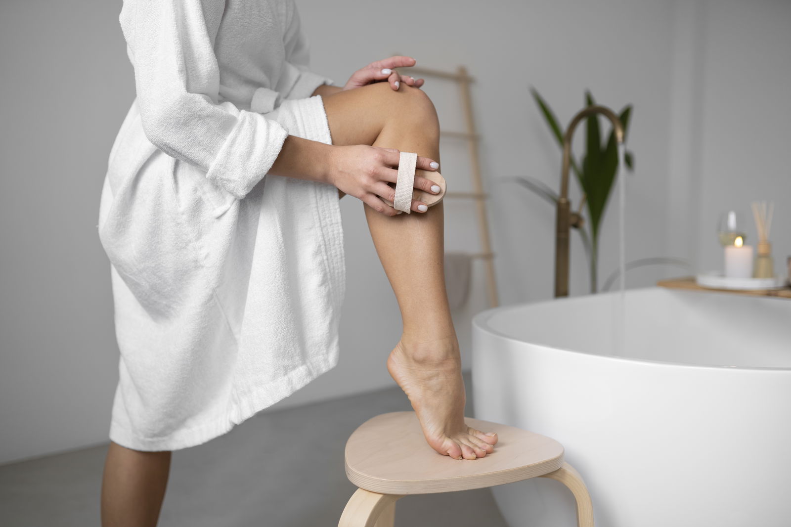 mujer exfoliando su piel en el baño. maquillaje de piernas