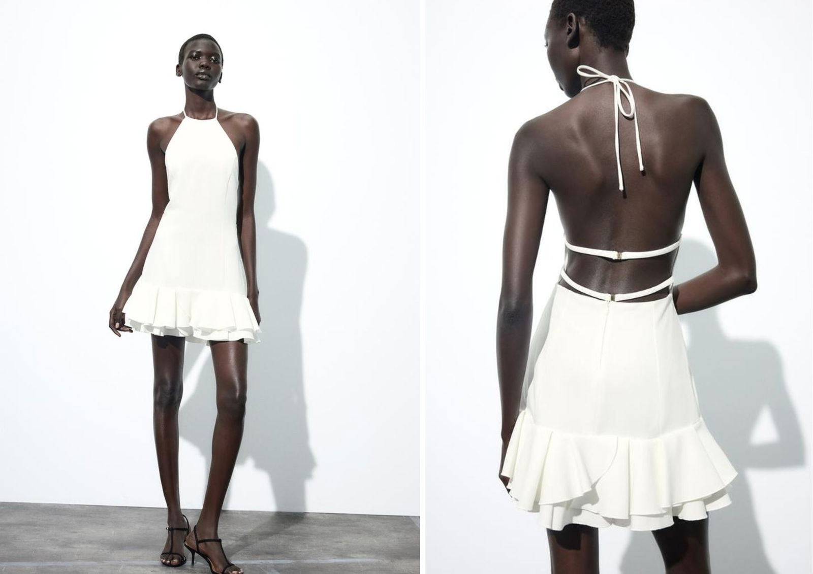 Vestido escote halter blanco con volantes ZARA