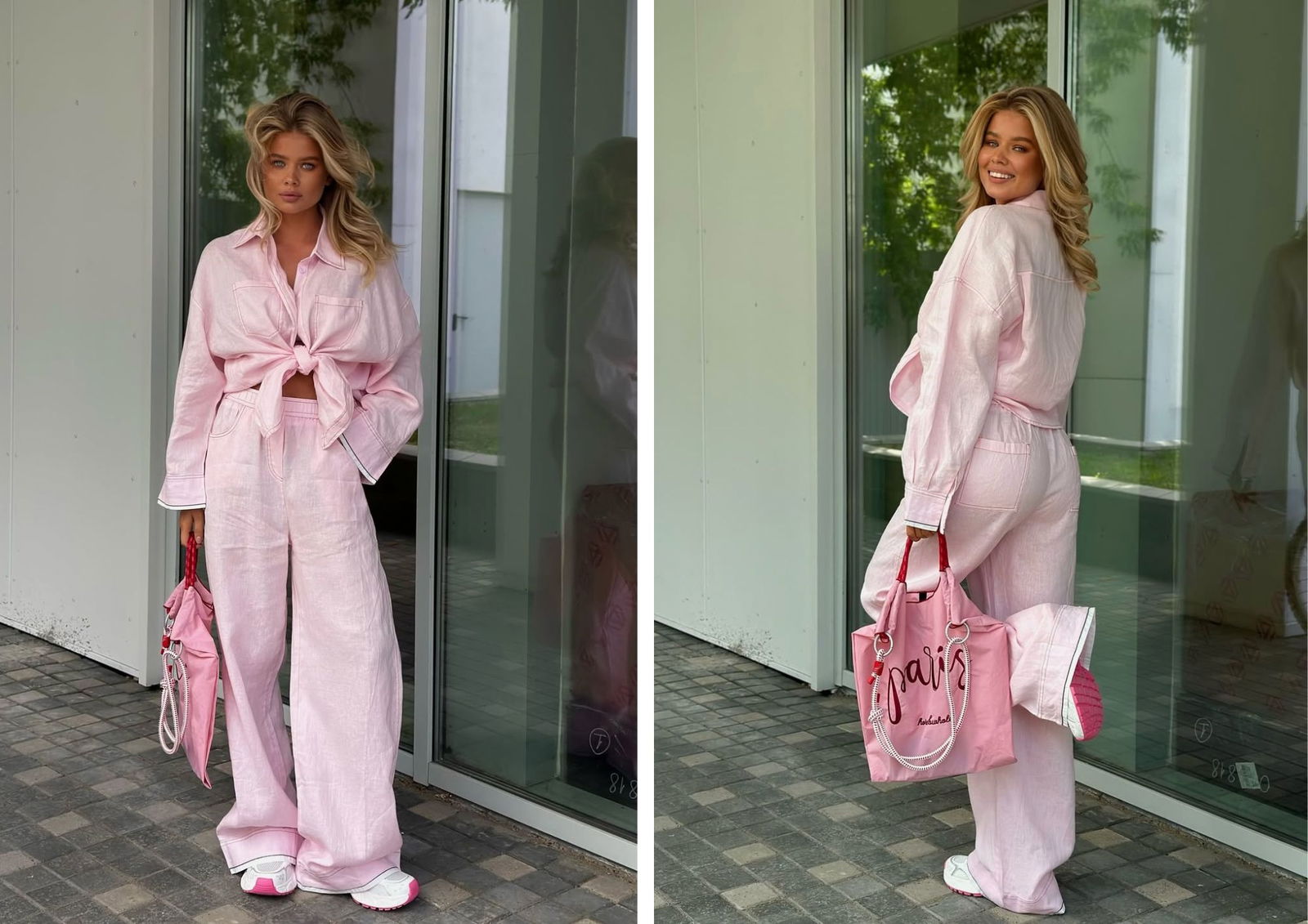 @8times_official.ru – Conjunto de lino rosa claro con deportivas