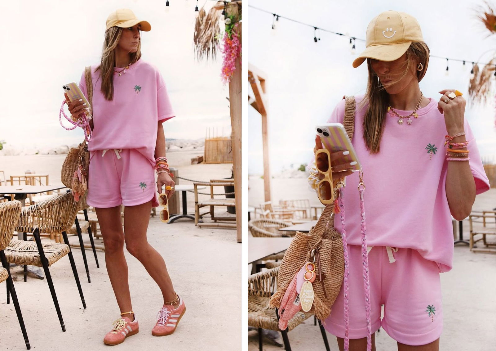 @chon.and.chon – Conjunto sporty rosa con palmera + gorra amarilla