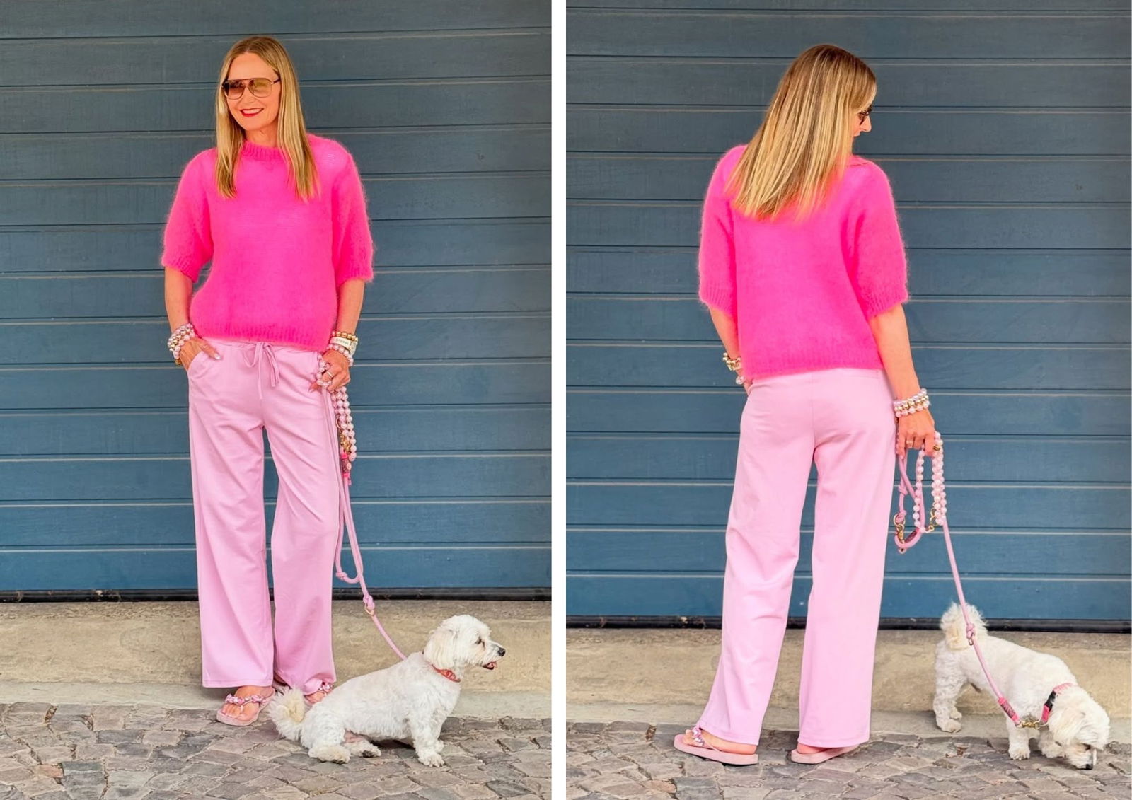 @strandpink – Jersey mohair rosa + pantalón rosa claro + sandalias