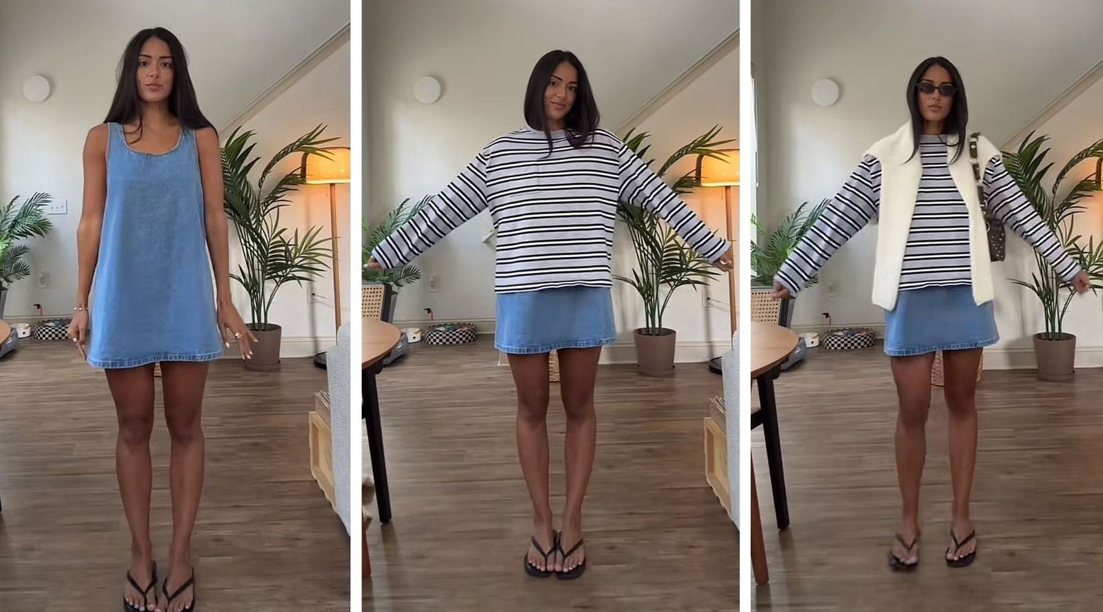 Cómo llevar un vestido vaquero en entretiempo: con rayas, cárdigan y flip-flops