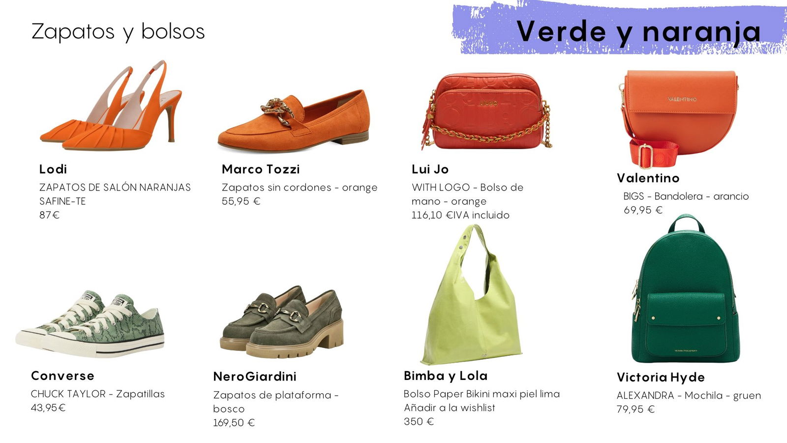 Bolsos y zapatos en verde y naranja
