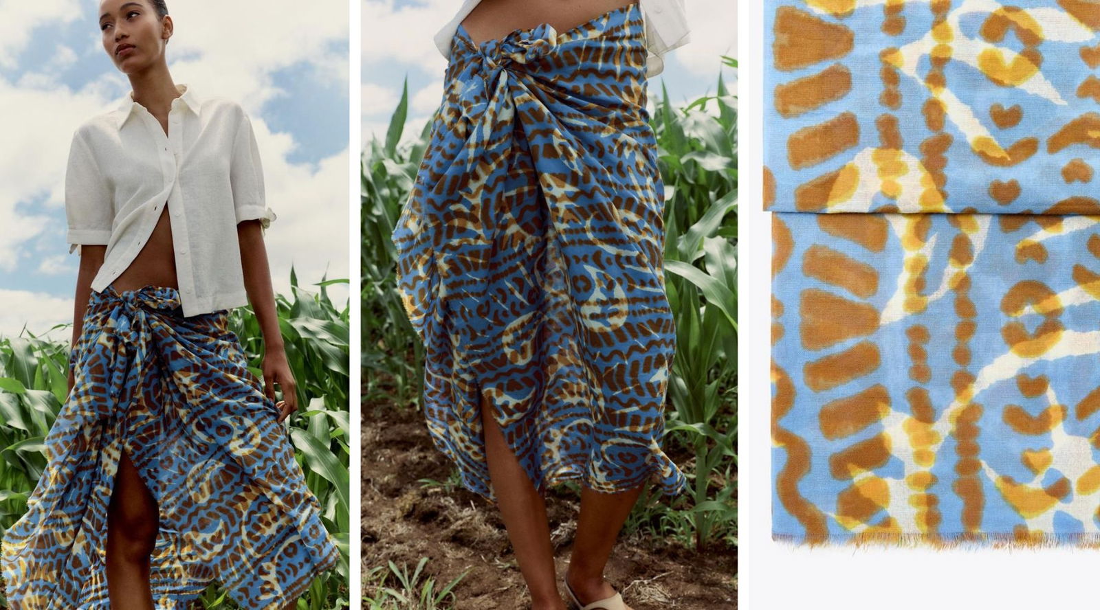 Pañuelo azul con print artístico en tonos cálidos (19,95 €) _ Zara