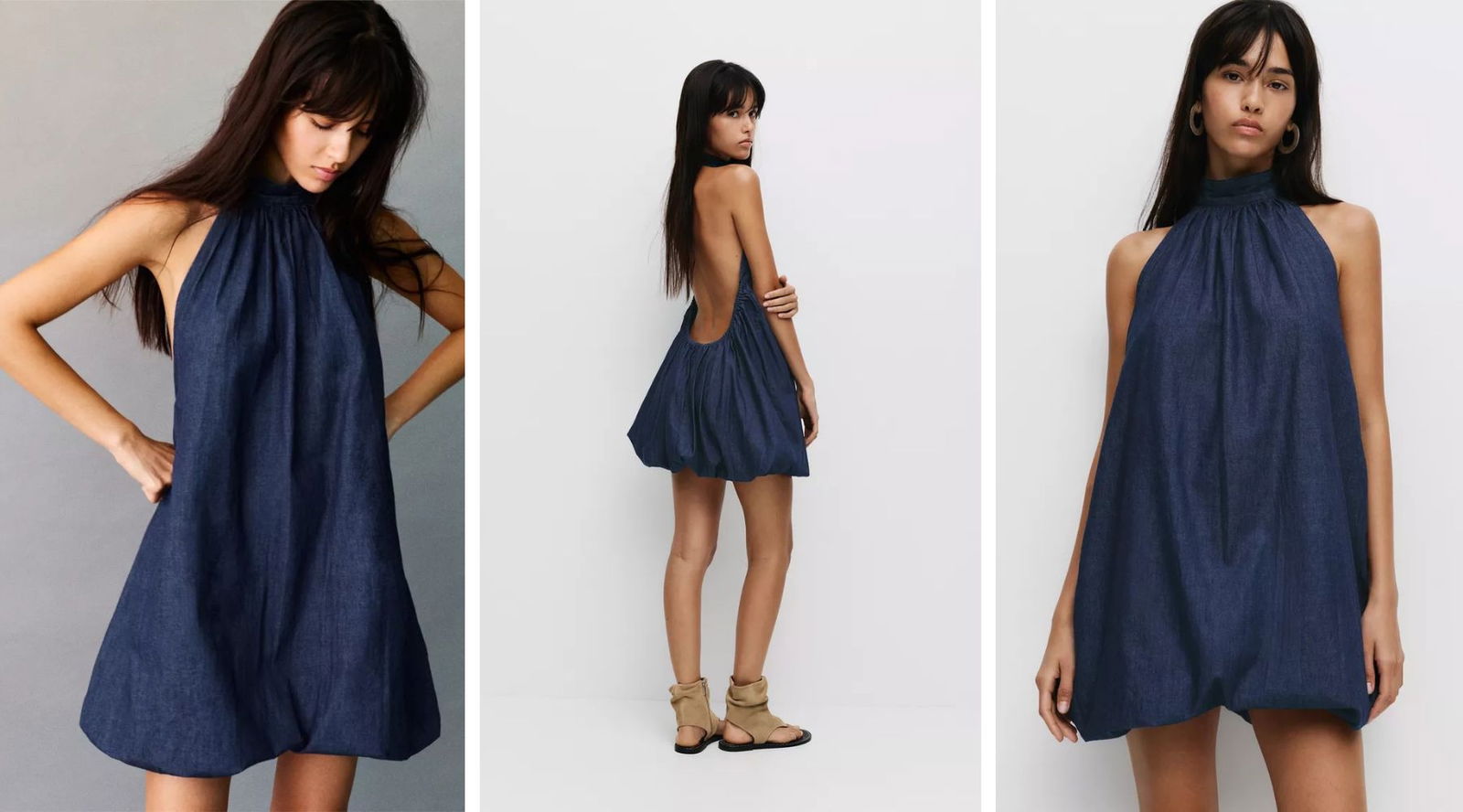 Vestido denim pull&bear escote halter falda globo