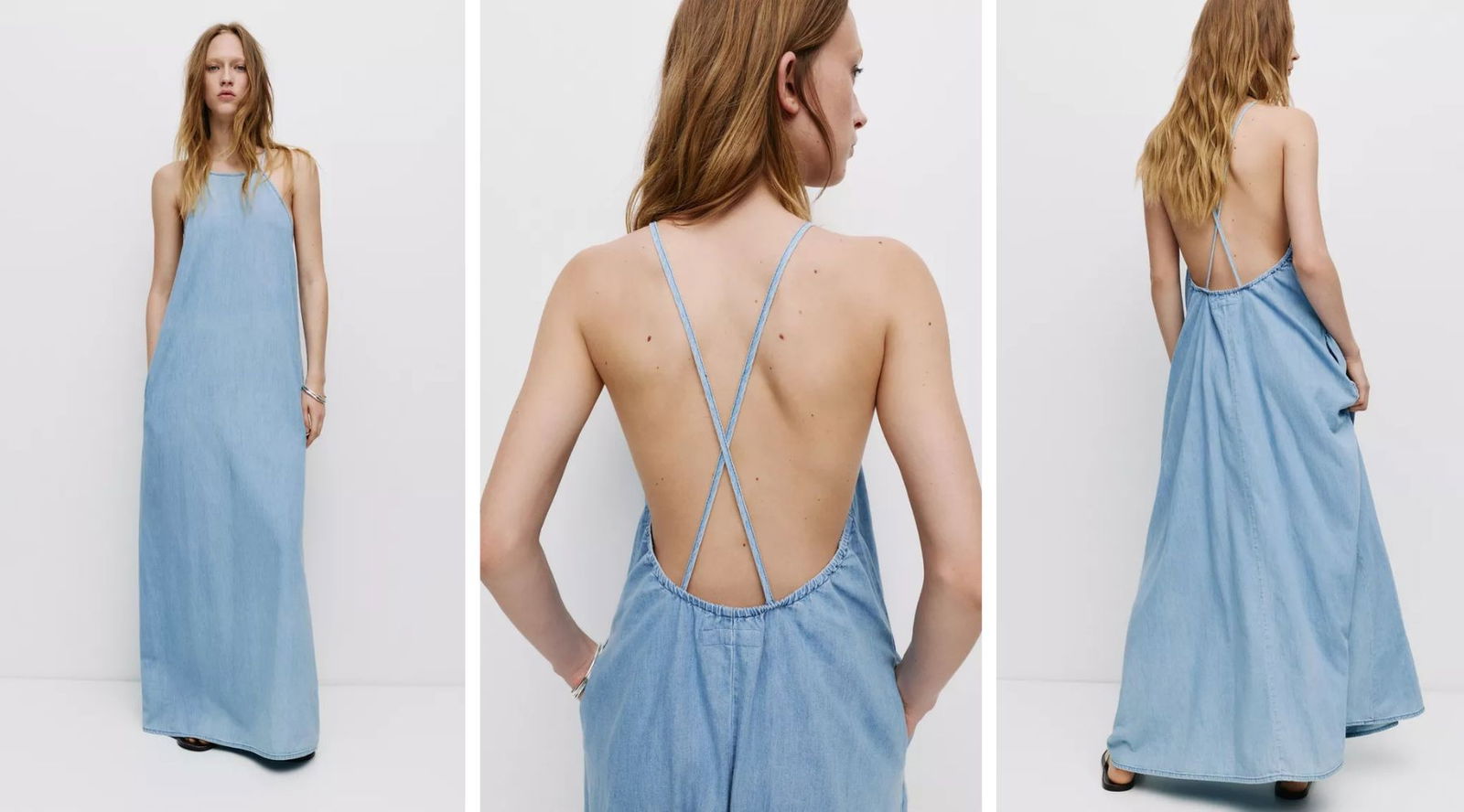 Vestido denim pull&bear escote halter falda larga