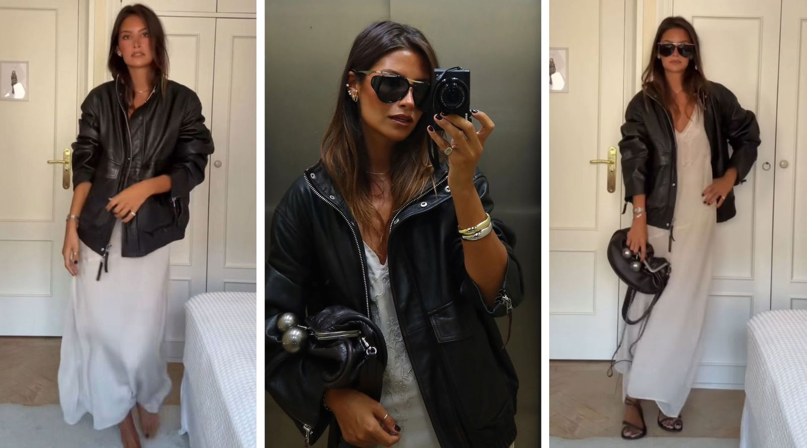 María Martín de Pozuelo combina el vestido lencero de Zara con la bomber de piel marrón chocolate que se lleva este otoño