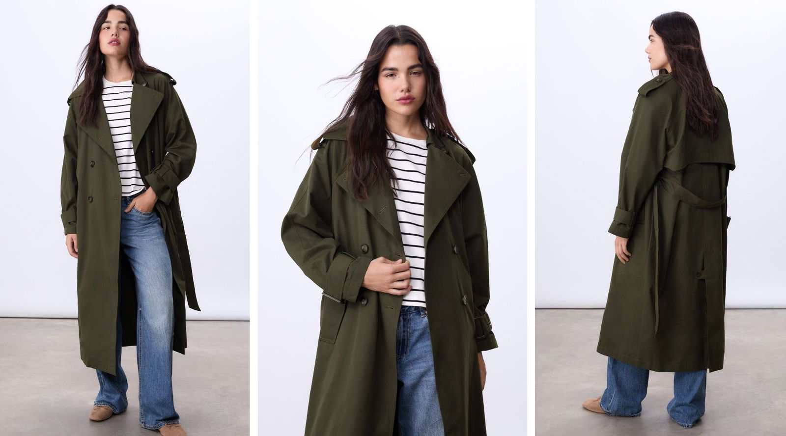 El trench verde es la gabardina que compite con el beige en el armario de las francesas