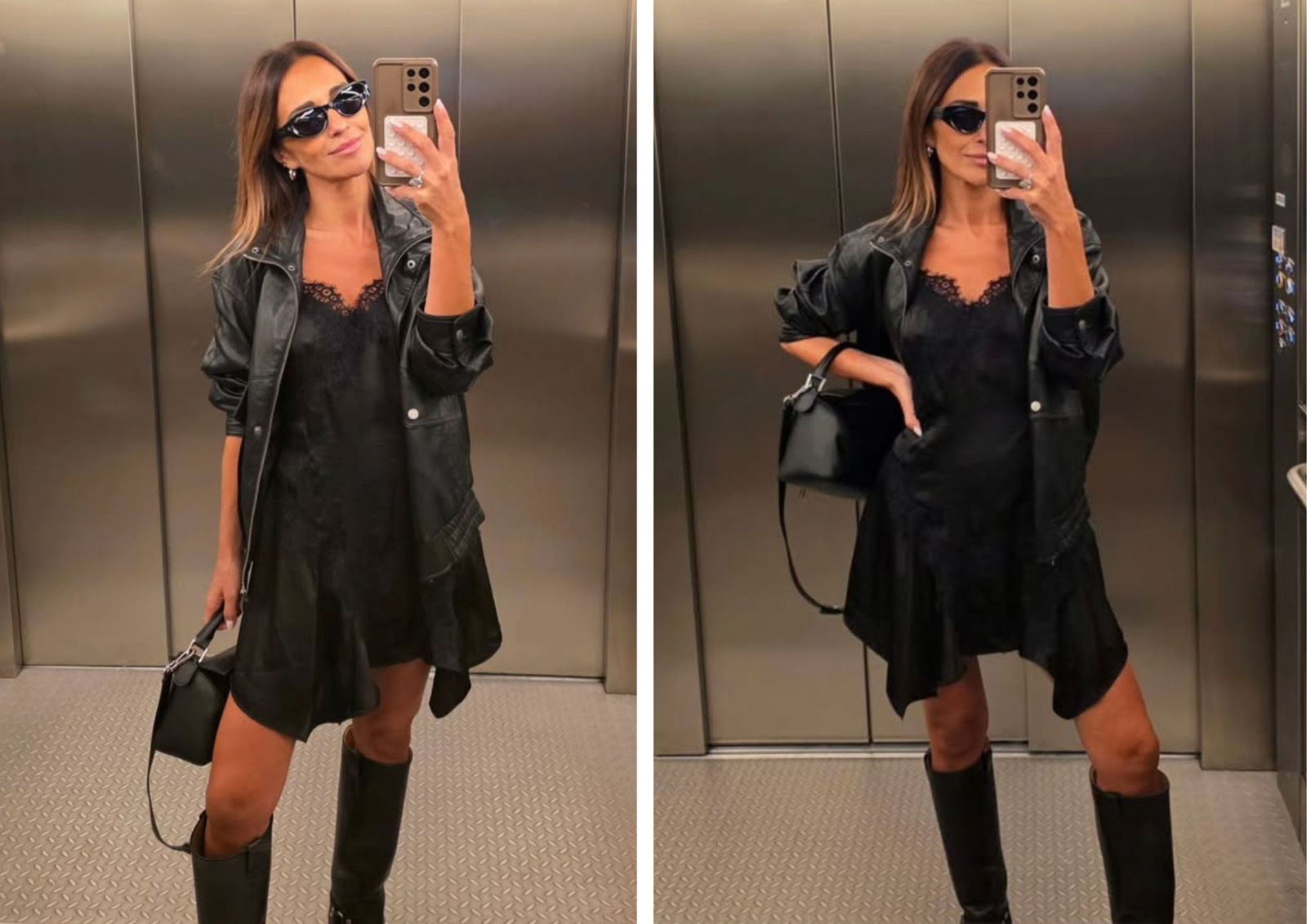 Paula Echevarría tiene el look total black de Stradivarius con vestido lencero y cazadora efecto piel que vas a querer copiar