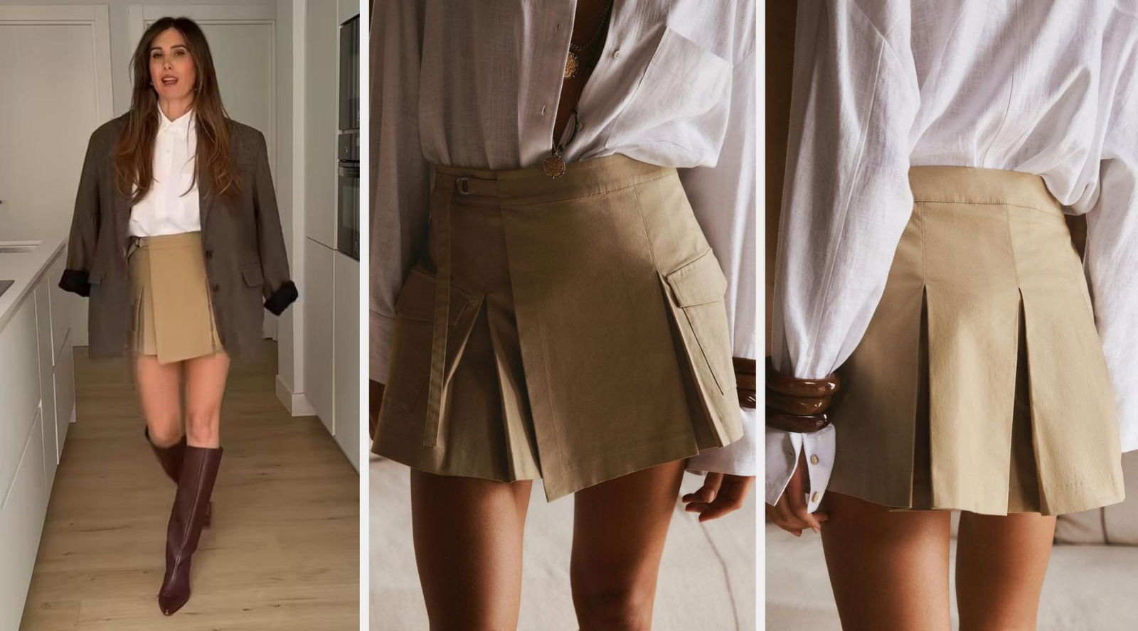 Falda pantalón cargo de Zara en color camel y look de Estibaliz Prieto